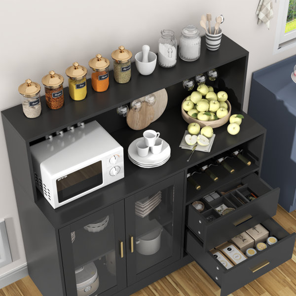 Wine Bar Cabinet With LED Lights & Charging Station - Modern Liquor Cabinet With Glass Rack, Storage Shelves, Retro Gray Finish, For Living/Dining Room